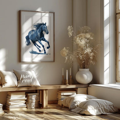 This dynamic illustration depicts a powerful horse in mid-gallop, rendered entirely in shades of bl… for living room