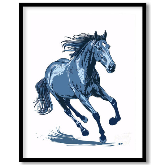 This dynamic illustration depicts a powerful horse in mid-gallop, rendered entirely in shades of bl… for lovely-house