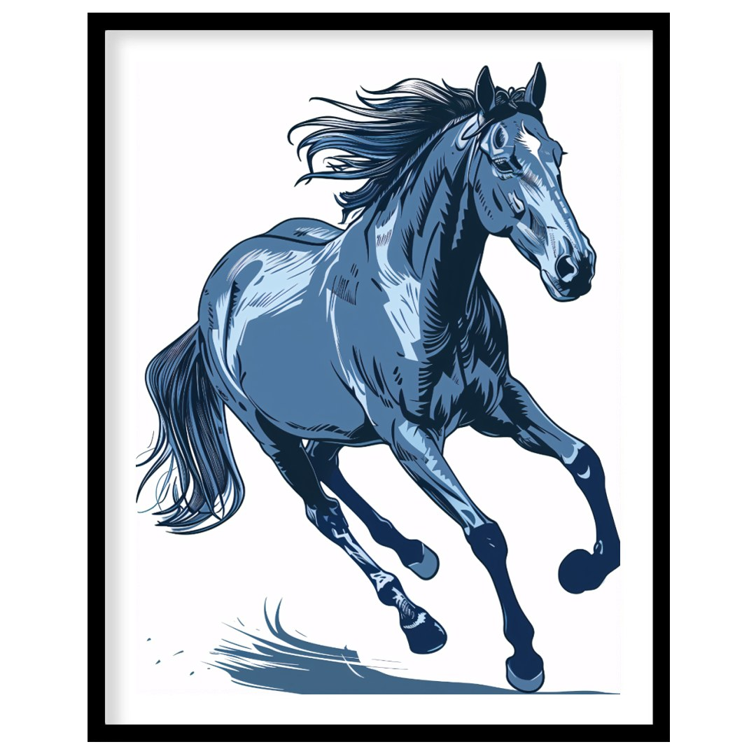 This dynamic illustration depicts a powerful horse in mid-gallop, rendered entirely in shades of bl… for lovely-house