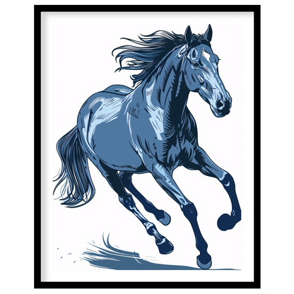 This dynamic illustration depicts a powerful horse in mid-gallop, rendered entirely in shades of bl… for lovely-house