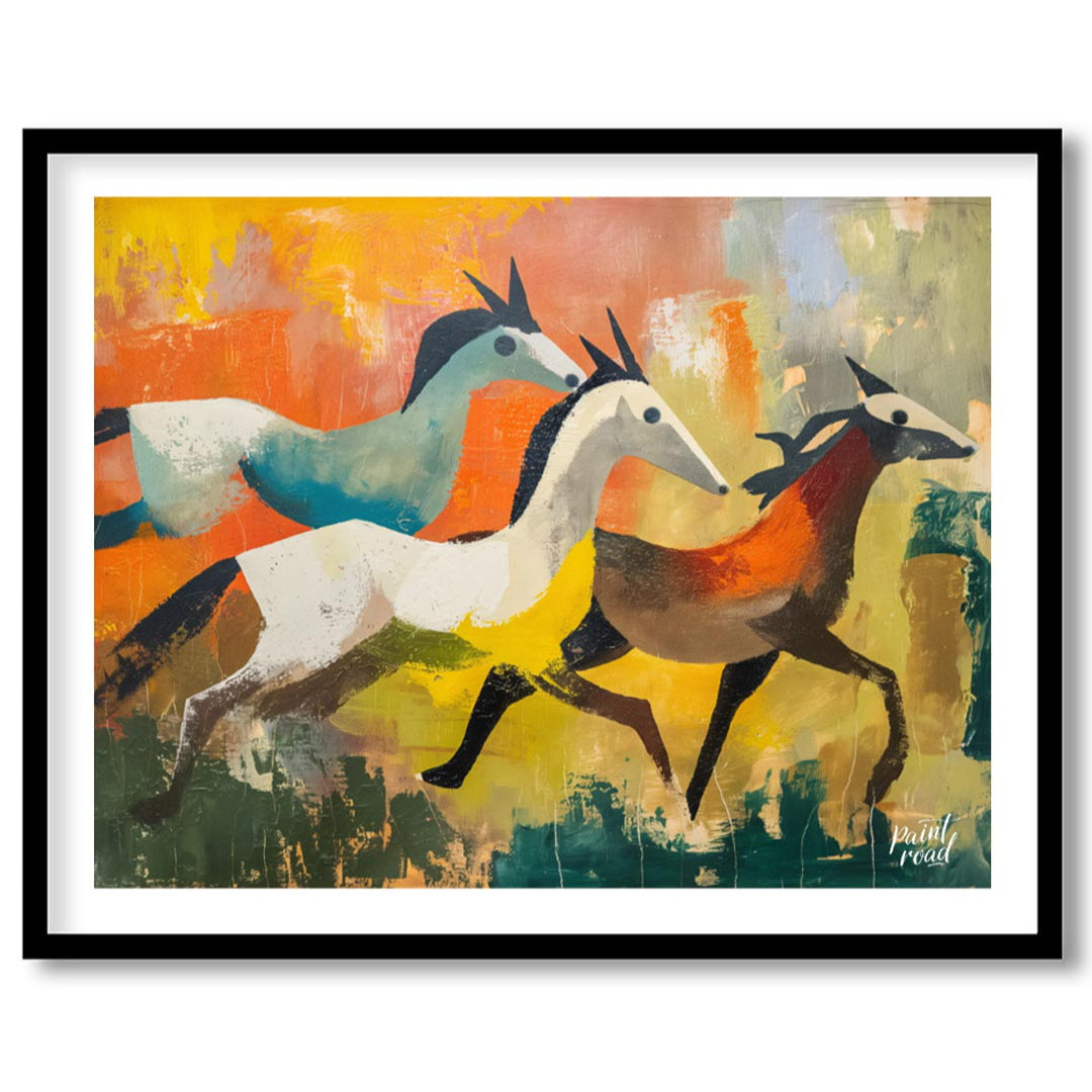This dynamic and expressive artwork captures three antelopes in mid-gallop across a vibrant, abstra… for decor