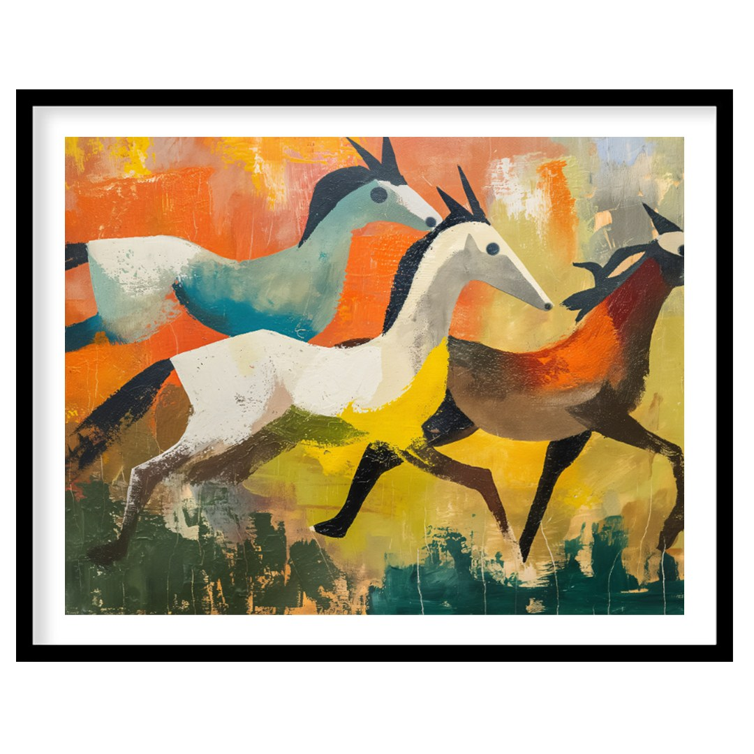 This dynamic and expressive artwork captures three antelopes in mid-gallop across a vibrant, abstra… for decor