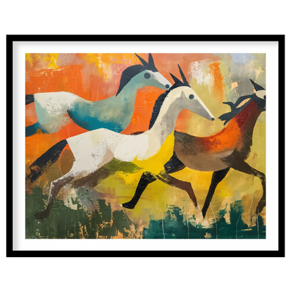 This dynamic and expressive artwork captures three antelopes in mid-gallop across a vibrant, abstra… for decor