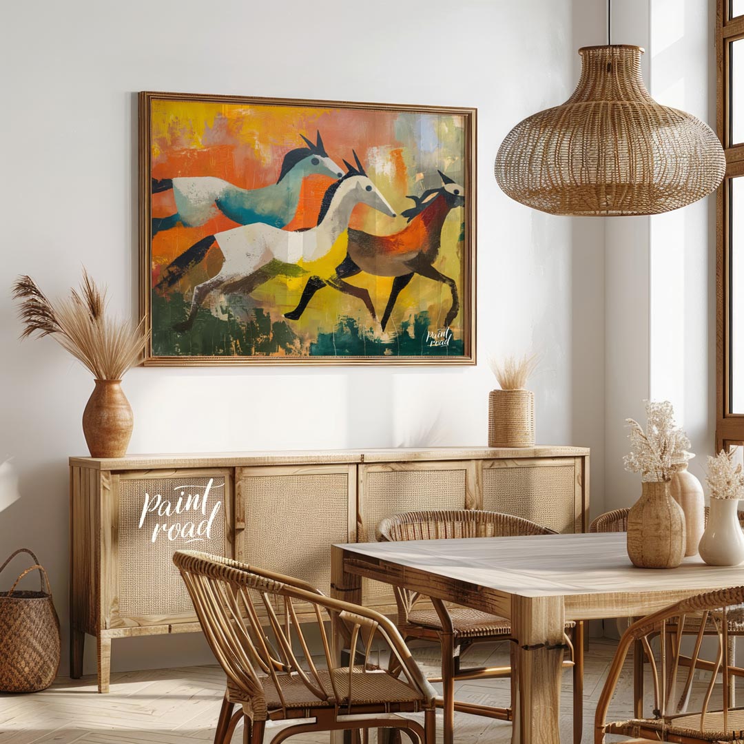 This dynamic and expressive artwork captures three antelopes in mid-gallop across a vibrant, abstra… for dining room