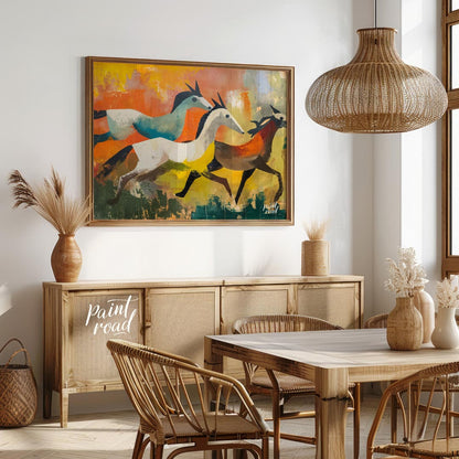 This dynamic and expressive artwork captures three antelopes in mid-gallop across a vibrant, abstra… for dining room