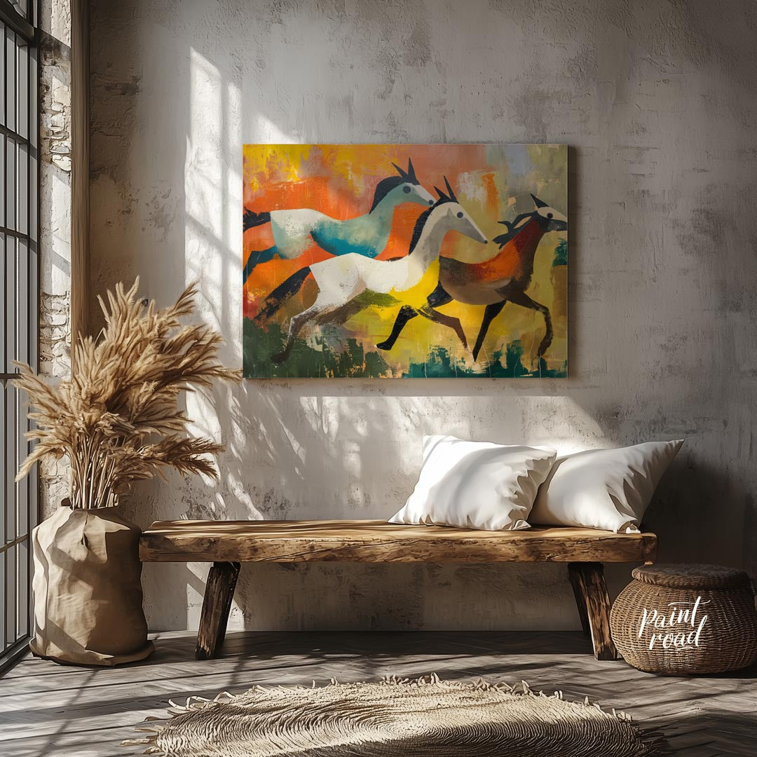 This dynamic and expressive artwork captures three antelopes in mid-gallop across a vibrant, abstra… for entryway