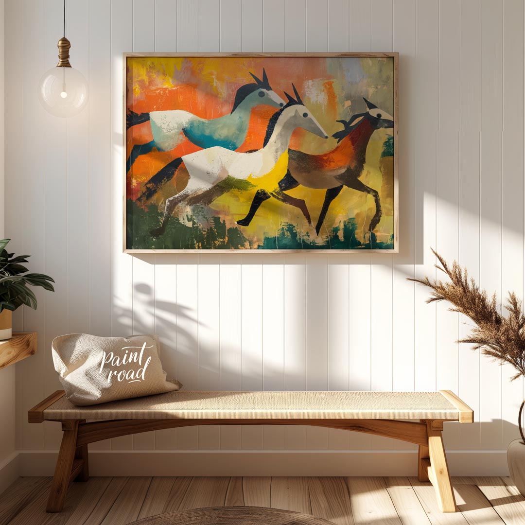 This dynamic and expressive artwork captures three antelopes in mid-gallop across a vibrant, abstra… for entryway