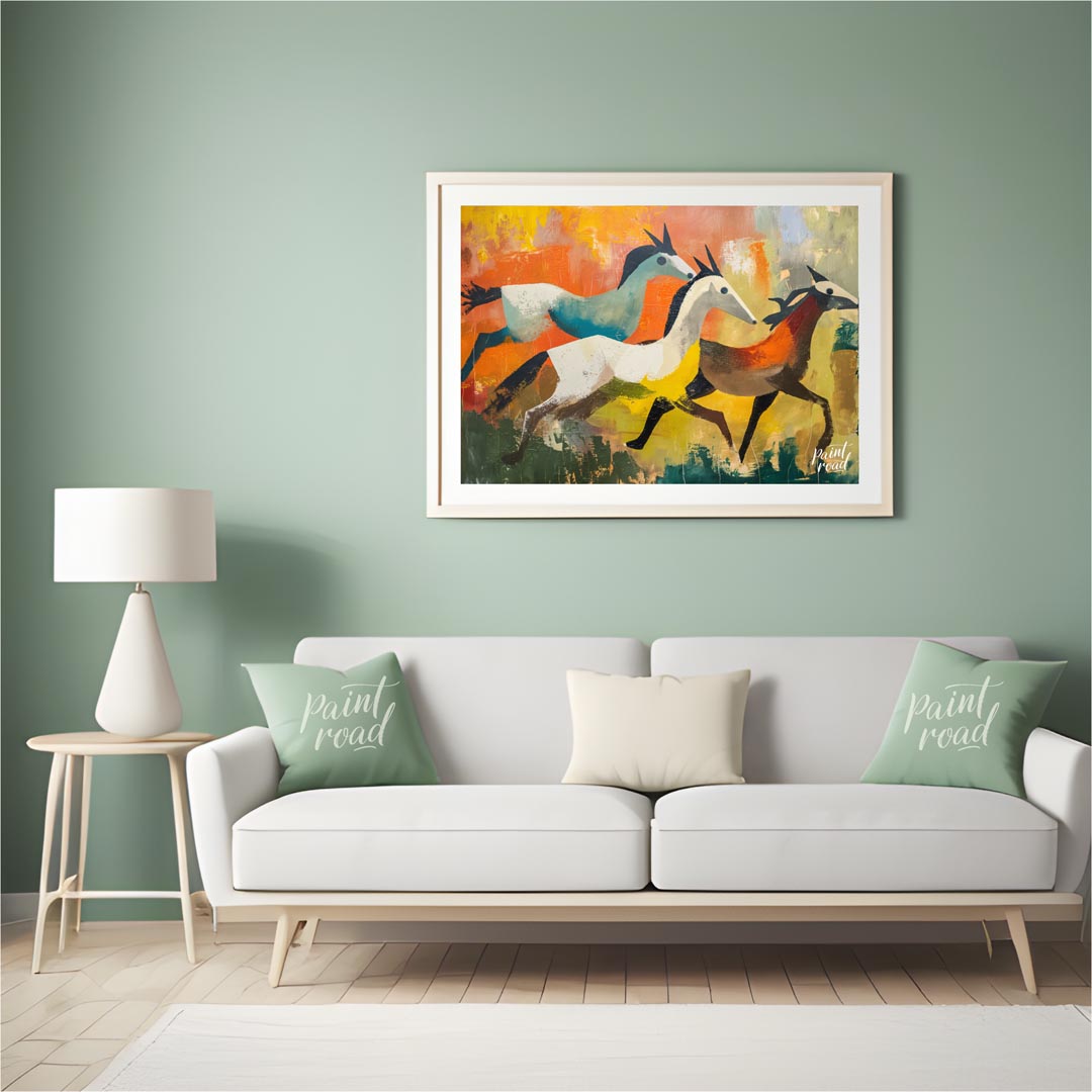 This dynamic and expressive artwork captures three antelopes in mid-gallop across a vibrant, abstra… for living room