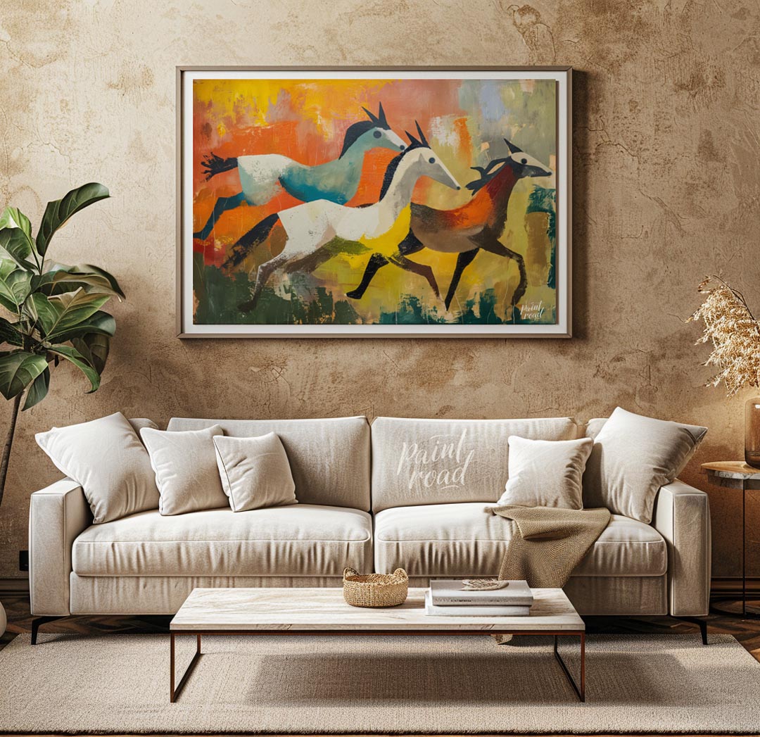 This dynamic and expressive artwork captures three antelopes in mid-gallop across a vibrant, abstra… for living room