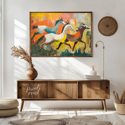This dynamic and expressive artwork captures three antelopes in mid-gallop across a vibrant, abstra… for living room