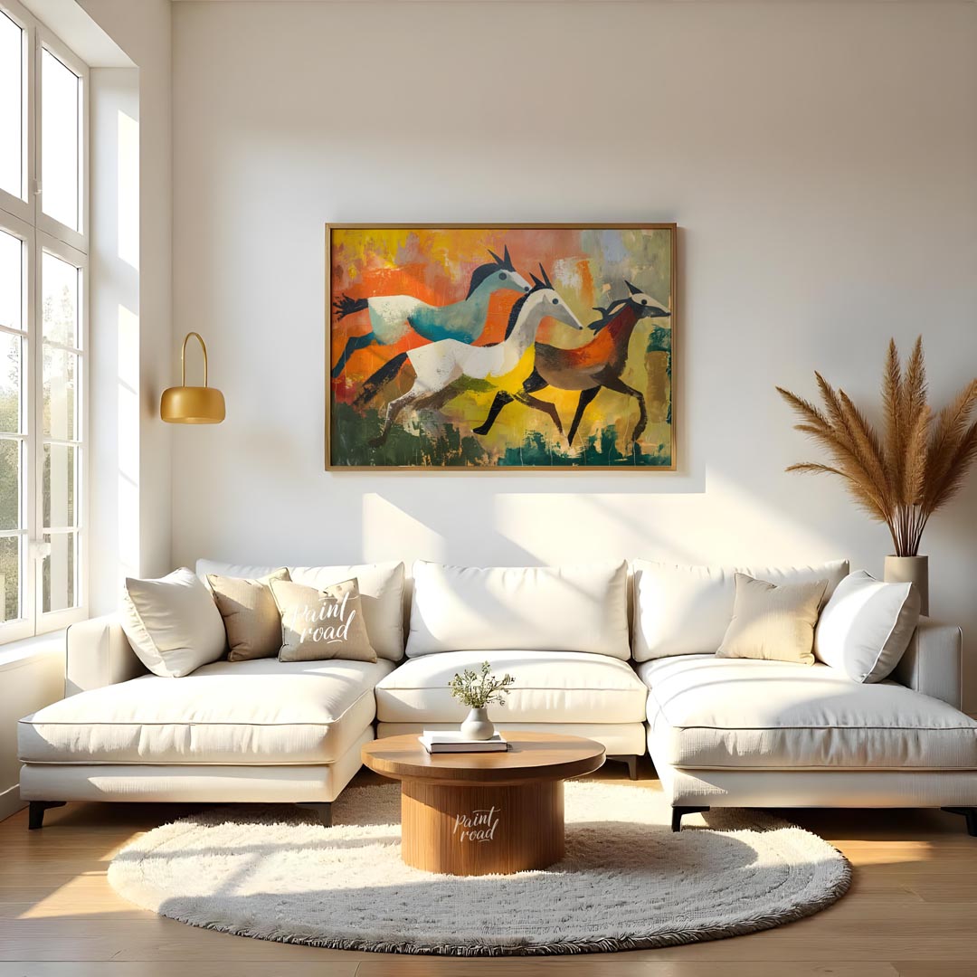 This dynamic and expressive artwork captures three antelopes in mid-gallop across a vibrant, abstra… for living room