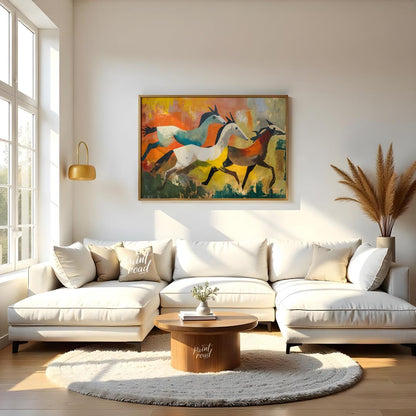 This dynamic and expressive artwork captures three antelopes in mid-gallop across a vibrant, abstra… for living room