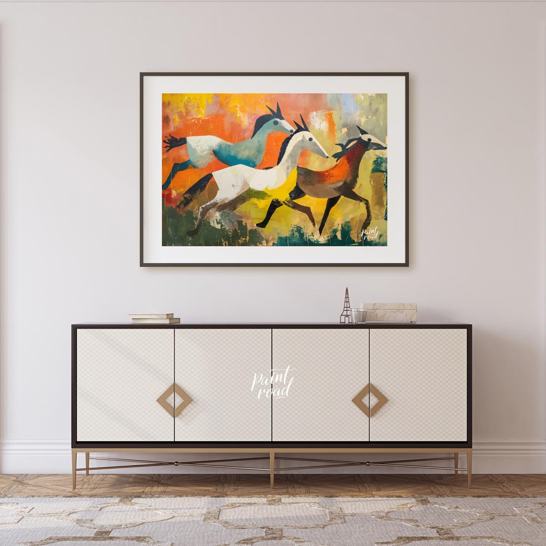This dynamic and expressive artwork captures three antelopes in mid-gallop across a vibrant, abstra… for living room