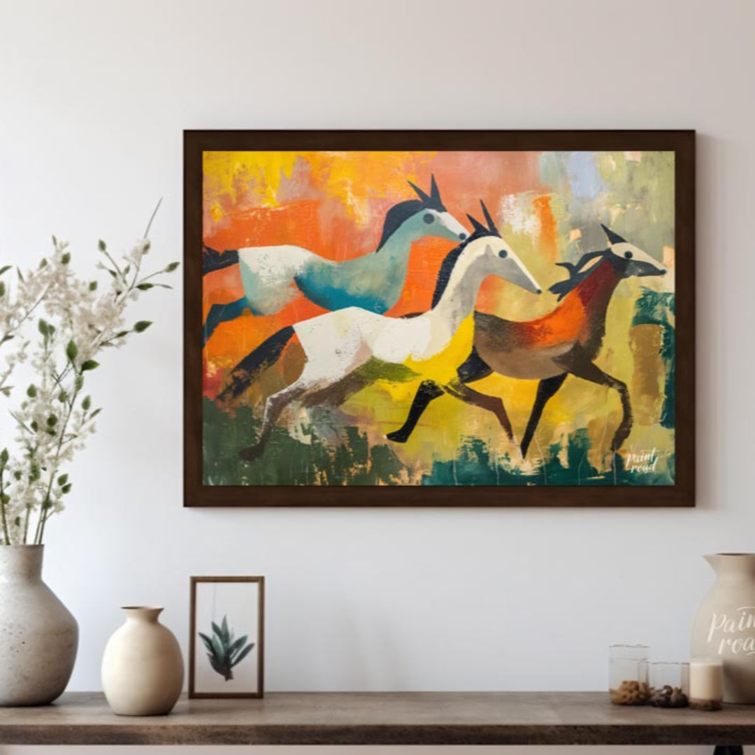 This dynamic and expressive artwork captures three antelopes in mid-gallop across a vibrant, abstra… for living room