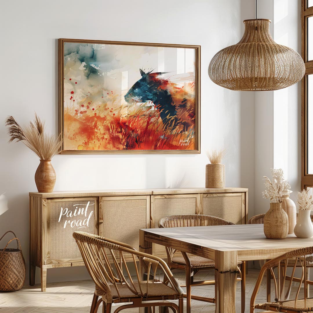 This explosive and vibrant watercolor painting captures the powerful silhouette of a horse's head a… for dining room