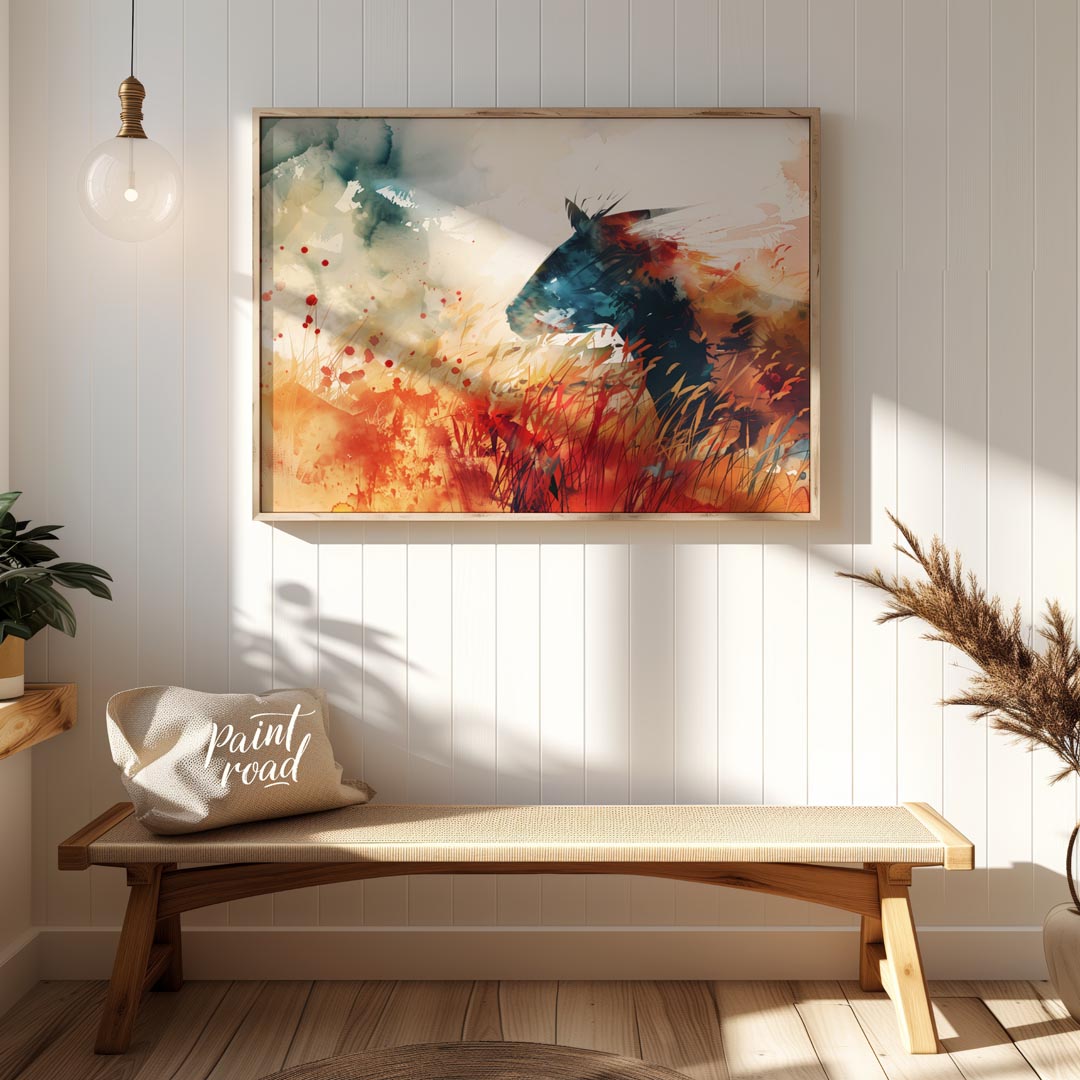 This explosive and vibrant watercolor painting captures the powerful silhouette of a horse's head a… for entryway