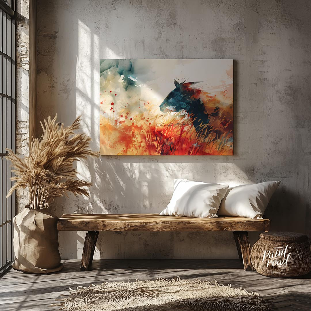 This explosive and vibrant watercolor painting captures the powerful silhouette of a horse's head a… for entryway