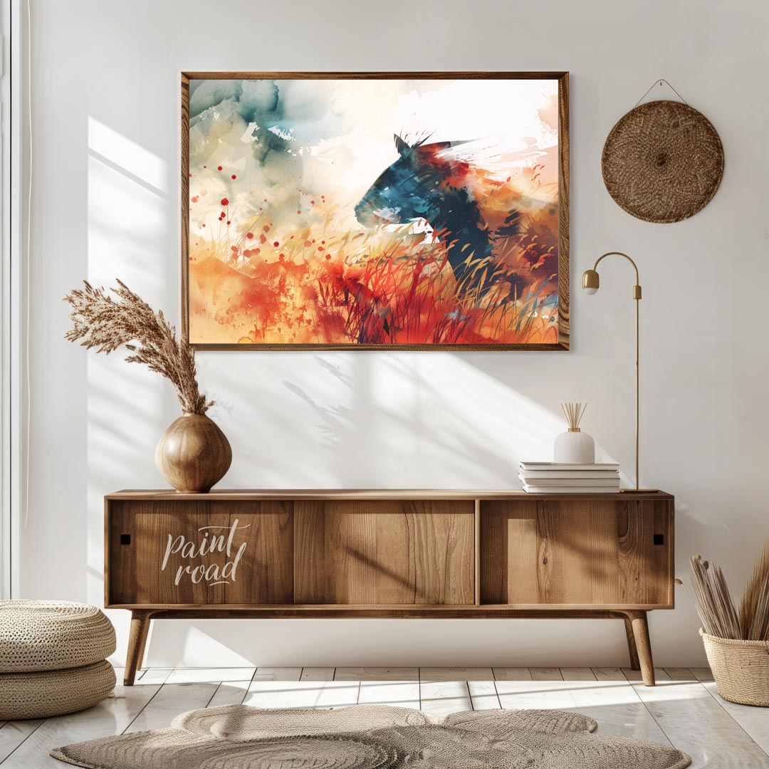 This explosive and vibrant watercolor painting captures the powerful silhouette of a horse's head a… for living room