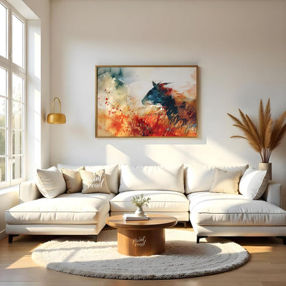 This explosive and vibrant watercolor painting captures the powerful silhouette of a horse's head a… for living room