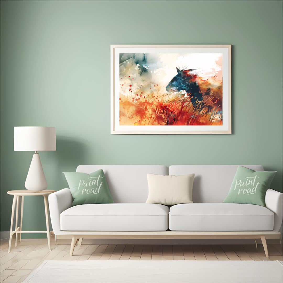 This explosive and vibrant watercolor painting captures the powerful silhouette of a horse's head a… for living room