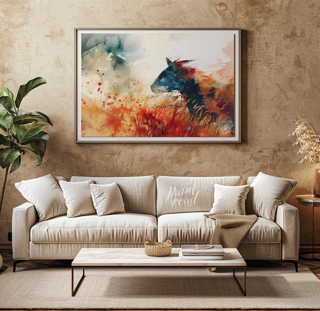 This explosive and vibrant watercolor painting captures the powerful silhouette of a horse's head a… for living room