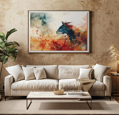 This explosive and vibrant watercolor painting captures the powerful silhouette of a horse's head a… for living room
