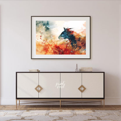 This explosive and vibrant watercolor painting captures the powerful silhouette of a horse's head a… for living room