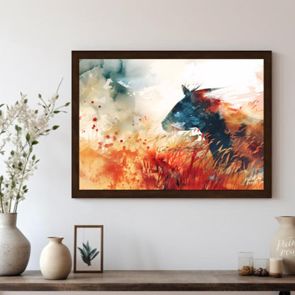 This explosive and vibrant watercolor painting captures the powerful silhouette of a horse's head a… for living room
