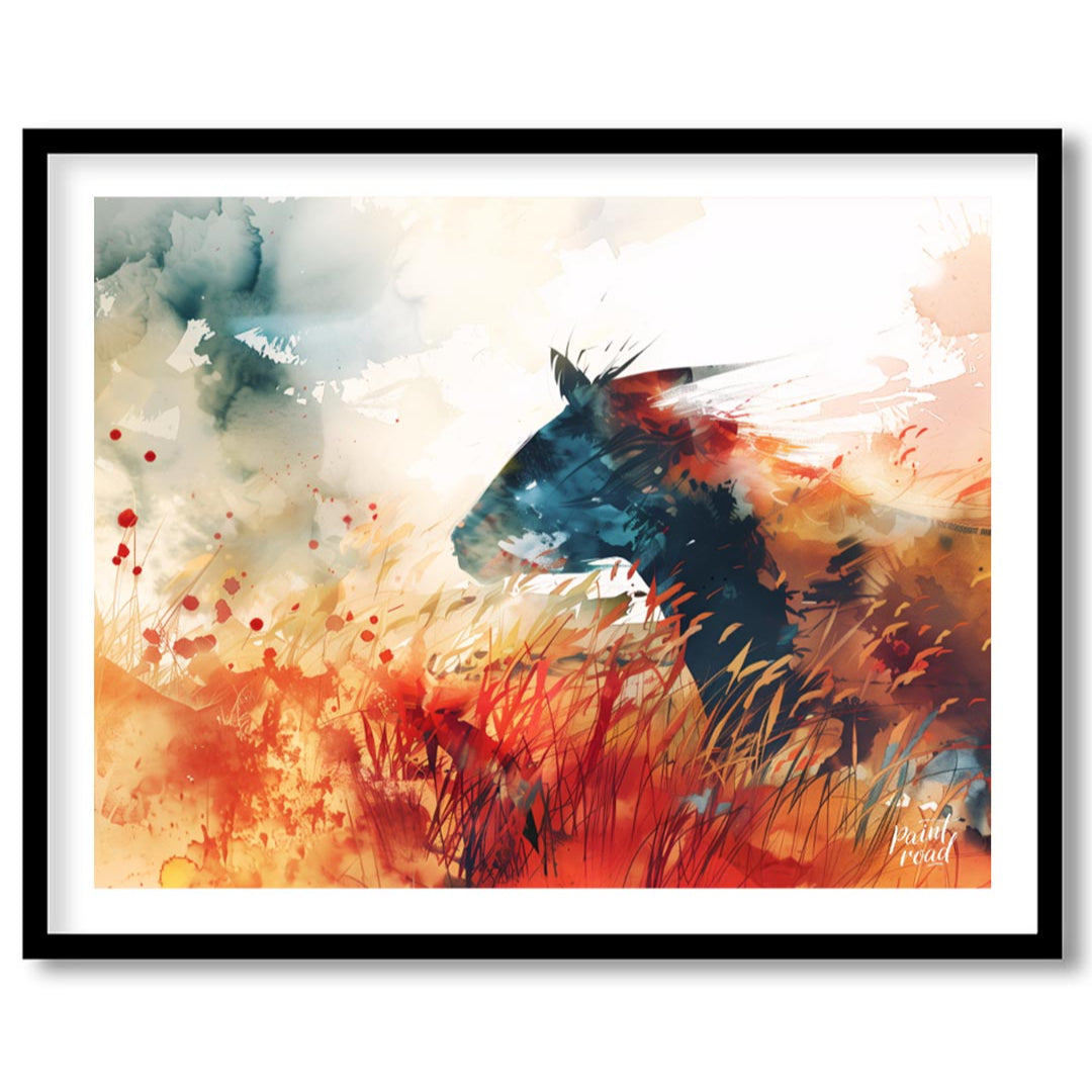 This explosive and vibrant watercolor painting captures the powerful silhouette of a horse's head a… for living-space