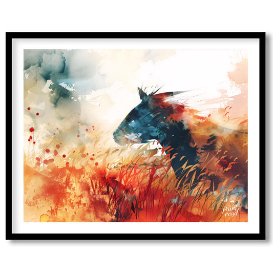 This explosive and vibrant watercolor painting captures the powerful silhouette of a horse's head a… for living-space