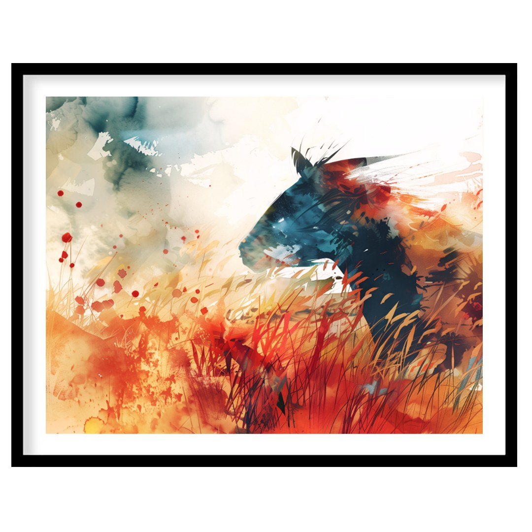 This explosive and vibrant watercolor painting captures the powerful silhouette of a horse's head a… for living-space