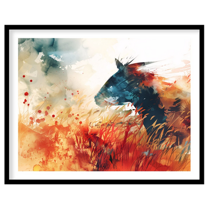 This explosive and vibrant watercolor painting captures the powerful silhouette of a horse's head a… for living-space