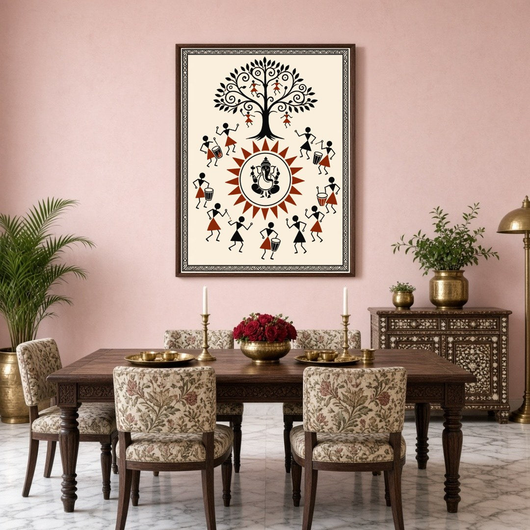 Immerse yourself in the vibrant energy of this Warli art piece, where Lord Ganesha takes center for Dining