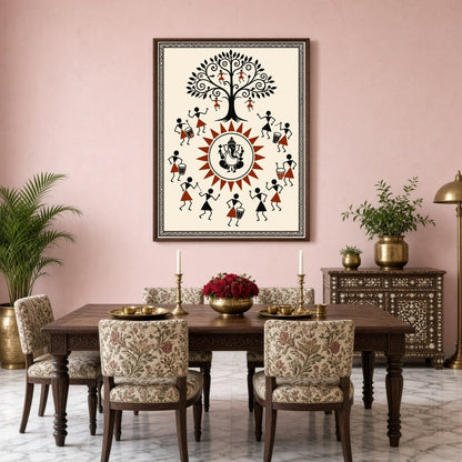 Immerse yourself in the vibrant energy of this Warli art piece, where Lord Ganesha takes center for Dining