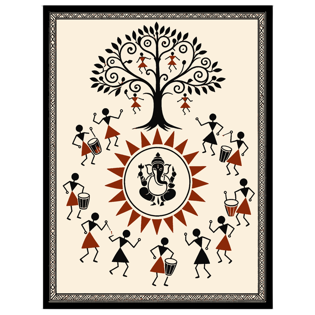 Immerse yourself in the vibrant energy of this Warli art piece, where Lord Ganesha takes center for dwelling