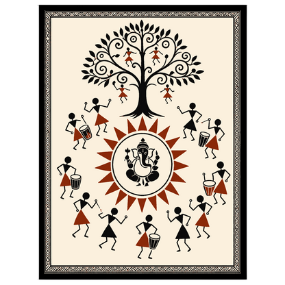Immerse yourself in the vibrant energy of this Warli art piece, where Lord Ganesha takes center for dwelling