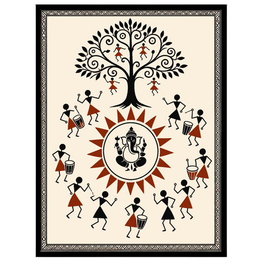 Immerse yourself in the vibrant energy of this Warli art piece, where Lord Ganesha takes center for dwelling
