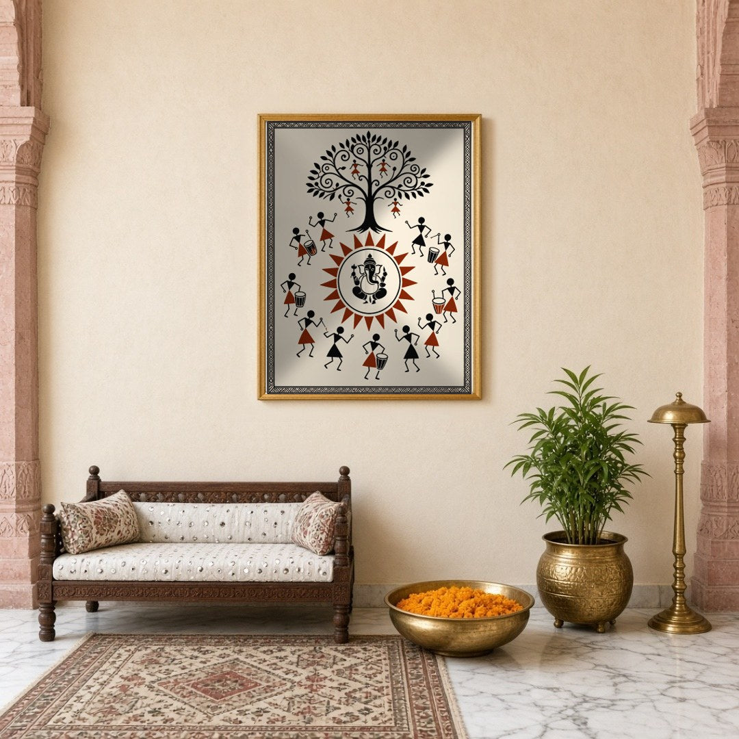 Immerse yourself in the vibrant energy of this Warli art piece, where Lord Ganesha takes center for Entrance