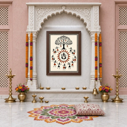 Immerse yourself in the vibrant energy of this Warli art piece, where Lord Ganesha takes center for Home Temple