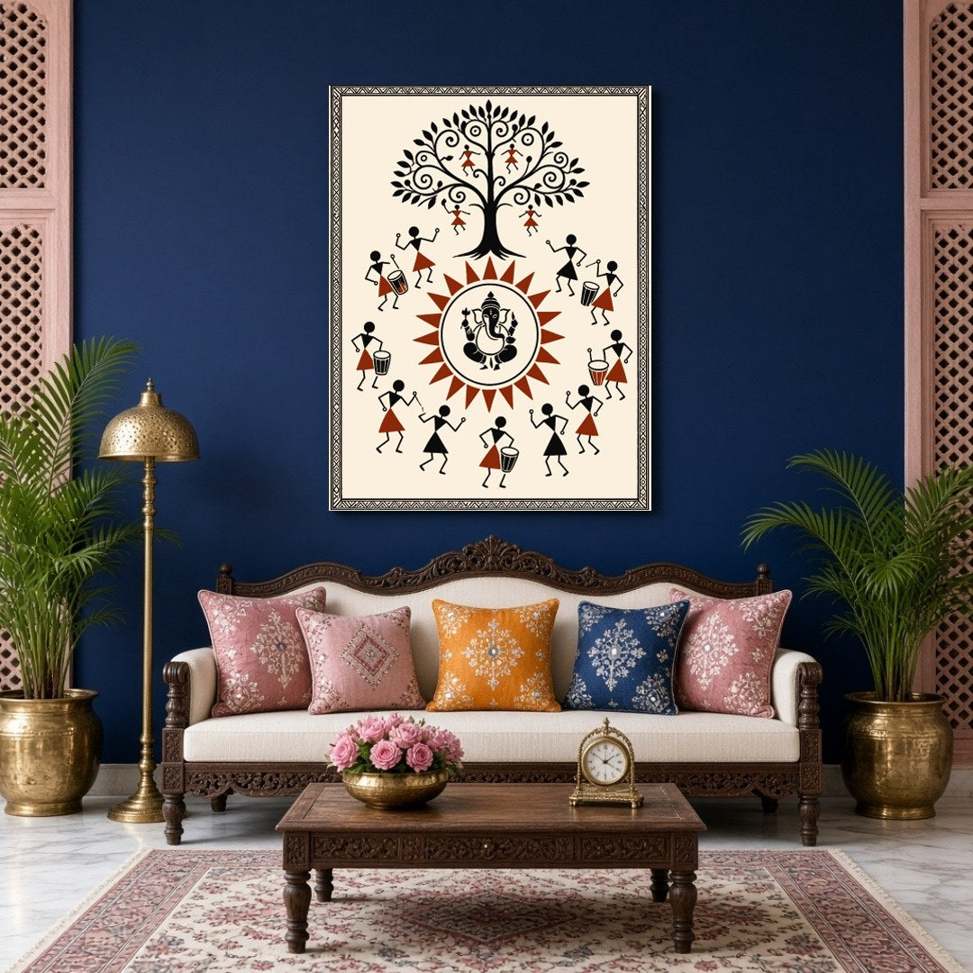Immerse yourself in the vibrant energy of this Warli art piece, where Lord Ganesha takes center for Living Room
