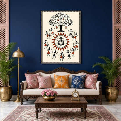 Immerse yourself in the vibrant energy of this Warli art piece, where Lord Ganesha takes center for Living Room