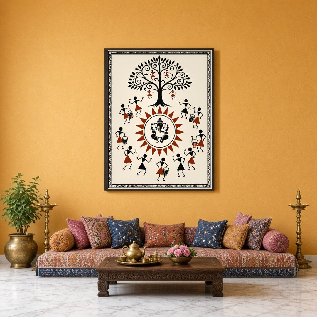 Immerse yourself in the vibrant energy of this Warli art piece, where Lord Ganesha takes center for Sitting Lounge