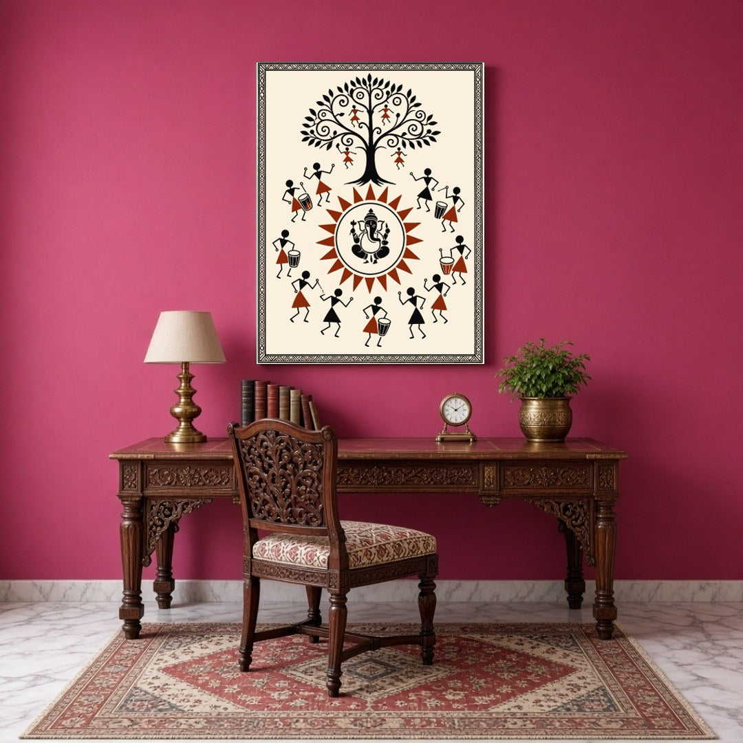 Immerse yourself in the vibrant energy of this Warli art piece, where Lord Ganesha takes center for Study