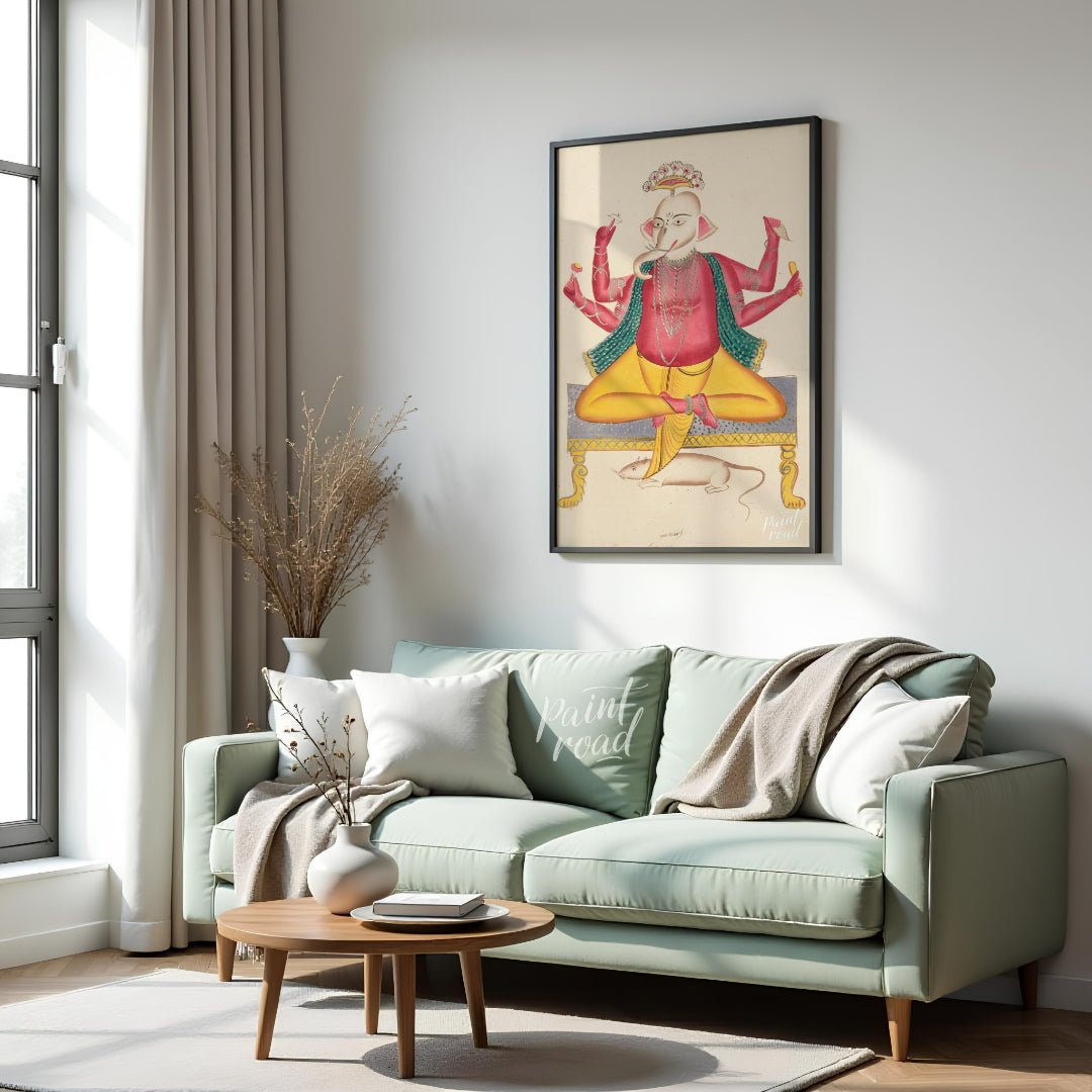 Ganesha on a Stool with Rat Painting at Ganesha on a Stool with Rat buy online at Paint Road featuring auspicious blessing and colorful
