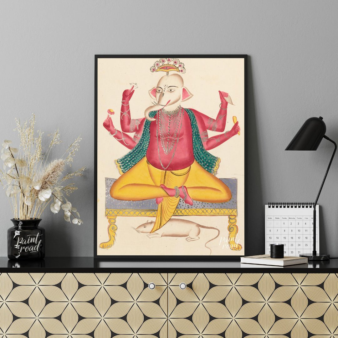 Ganesha on a Stool with Rat Painting at Ganesha on a Stool with Rat buy online at Paint Road featuring auspicious blessing and colorful