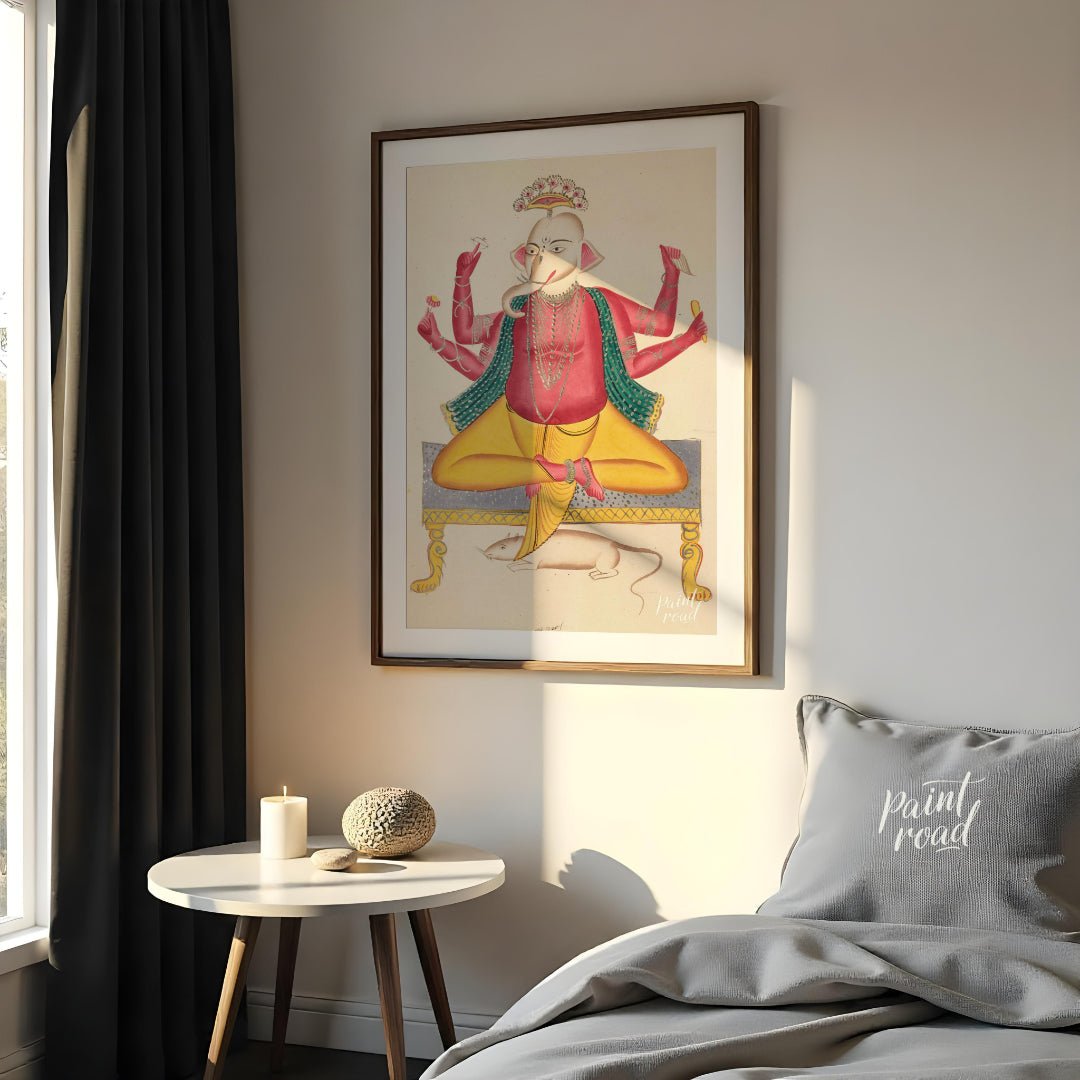 Ganesha on a Stool with Rat Painting at Ganesha on a Stool with Rat buy online at Paint Road featuring auspicious blessing and colorful