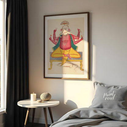 Ganesha on a Stool with Rat Painting at Ganesha on a Stool with Rat buy online at Paint Road featuring auspicious blessing and colorful