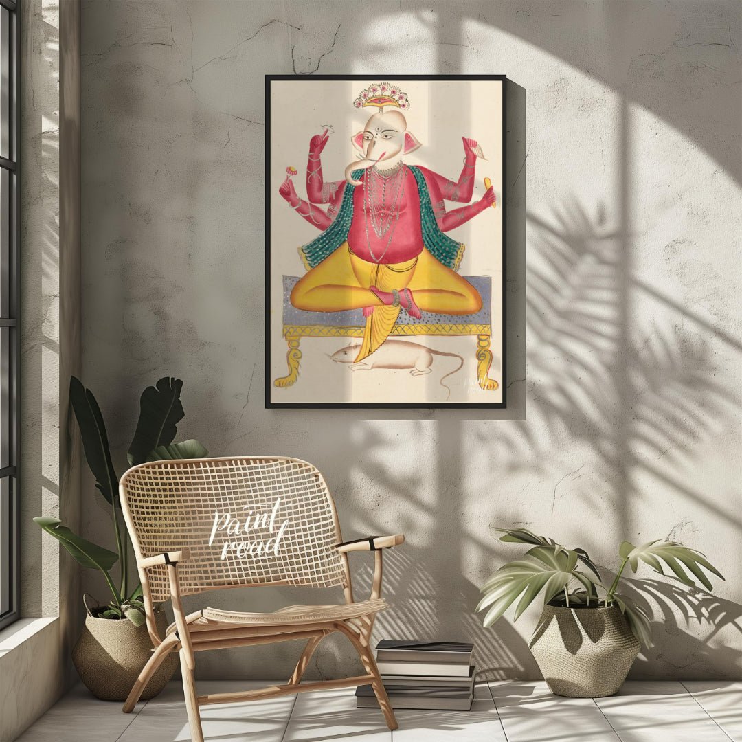 Ganesha on a Stool with Rat Painting at Ganesha on a Stool with Rat buy online at Paint Road featuring auspicious blessing and colorful