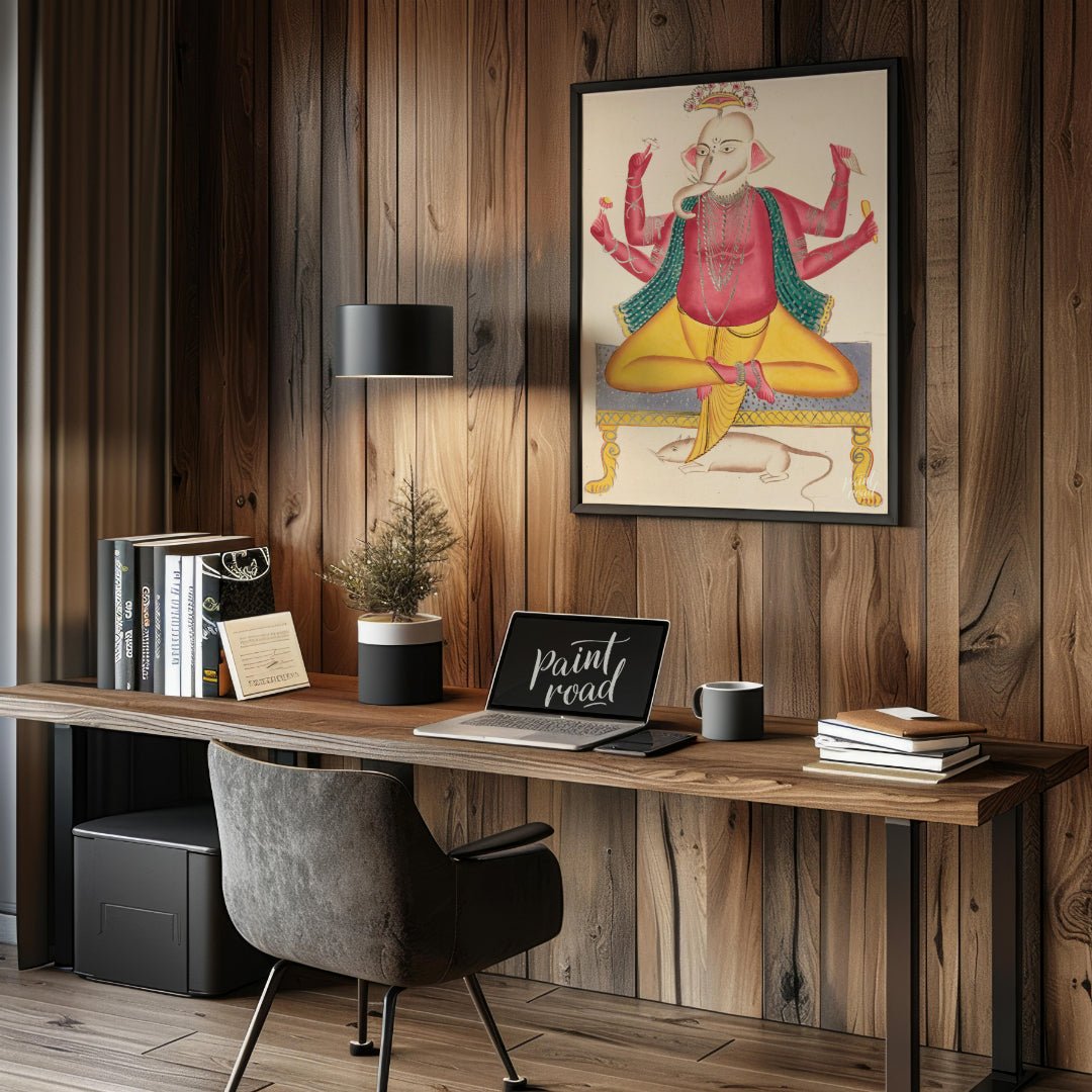 Ganesha on a Stool with Rat Painting at Ganesha on a Stool with Rat buy online at Paint Road featuring auspicious blessing and colorful