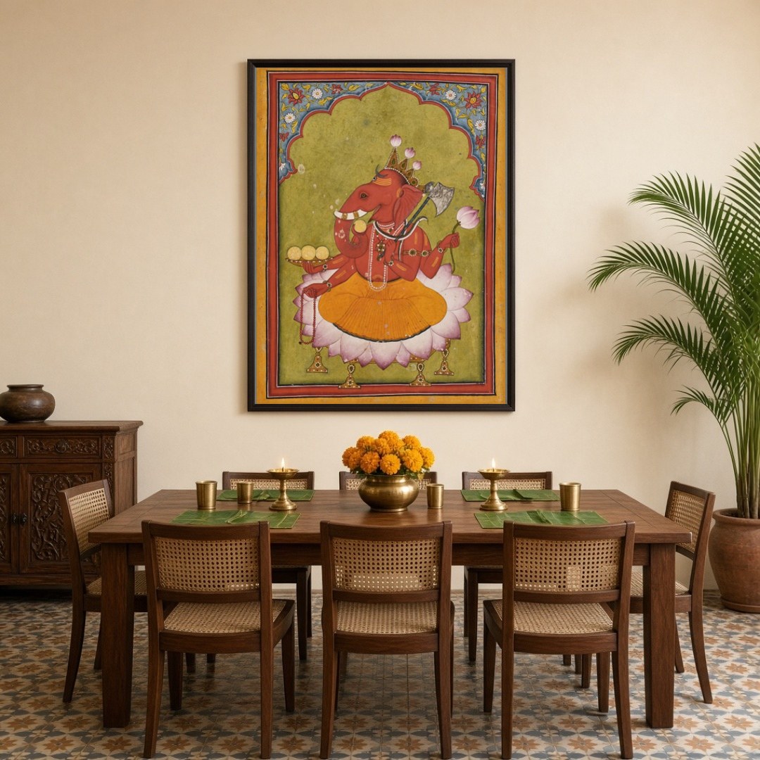Immerse yourself in the vibrant essence of Rakta Ganapati with this exquisite Pichwai artwork. for Dining